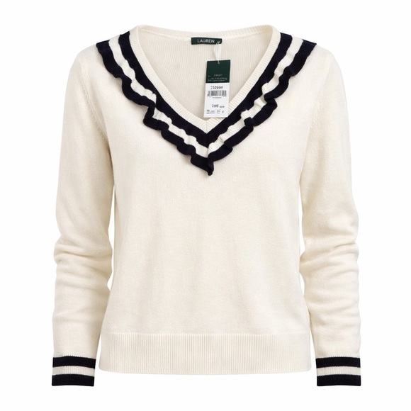 Lauren Ralph Lauren Tops - Lauren Ralph Lauren Knit Sweater Cream Navy Cotton Size M Preppy Coastal NWT